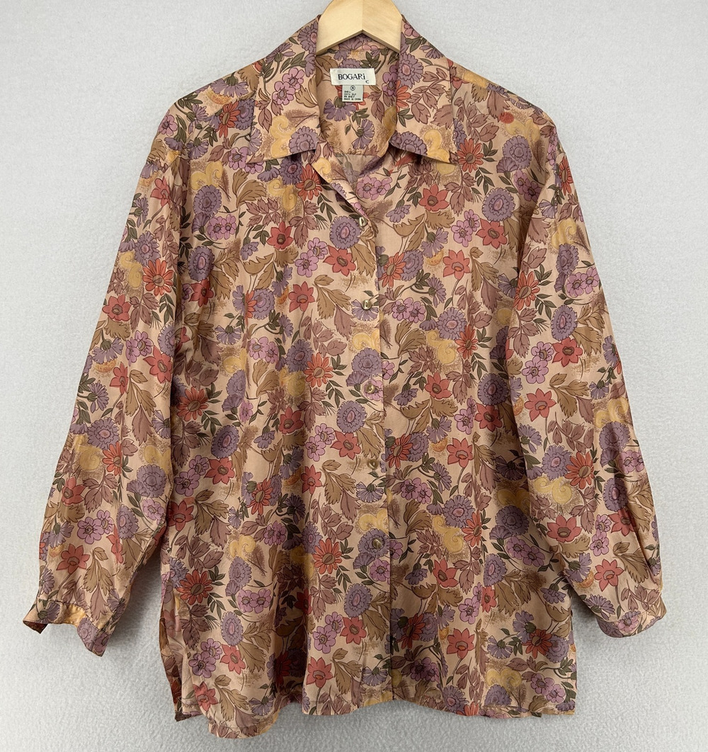 BOGARI Top Womens M Silk Satin Floral Tunic Shirt Button Up Long Sleeve Pink